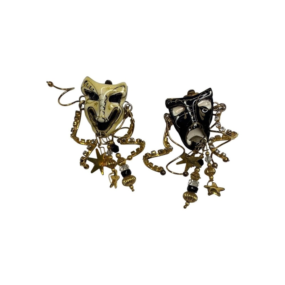 VTG Lunch at the Ritz Comedy Tragedy Mask Clip Earrings Signed Rhinestone LATR